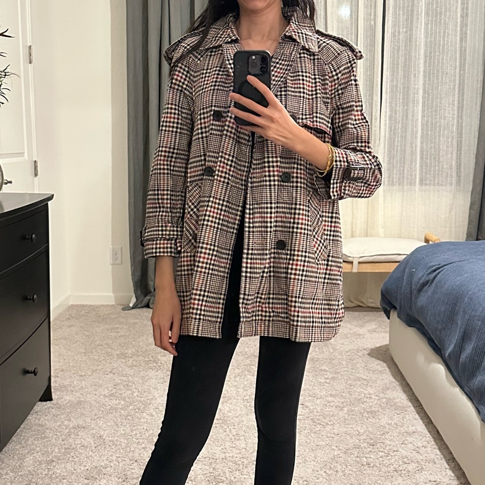 Zara Plaid Pattern Short Trench Coat 3/4 Sleeves Size S